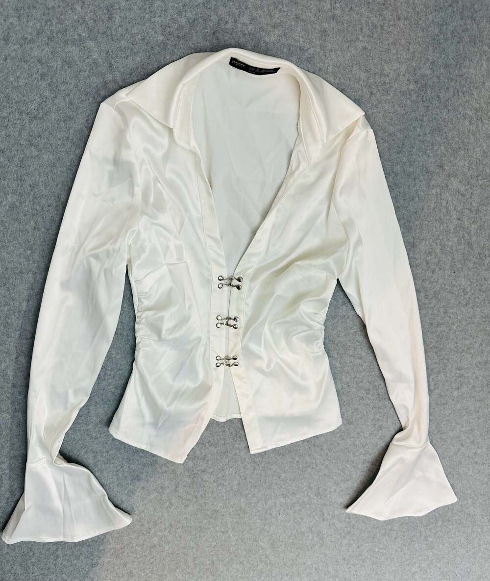 FINESSE White Satin Ruched Hook and Eye Flare Sleeve Blouse